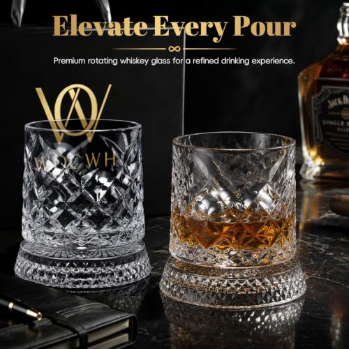 WOCWH Style-A Spinning Whiskey Glass Set of 2 - 10 Oz Crystal Tumblers with Rotating Bases for Bourbon Scotch Rum Cocktails, Unique Christmas Gift