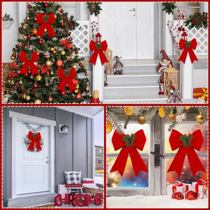 6 Pack Christmas Wreath Bows 9x12 Inches Velvet Red and Green Holiday Decor