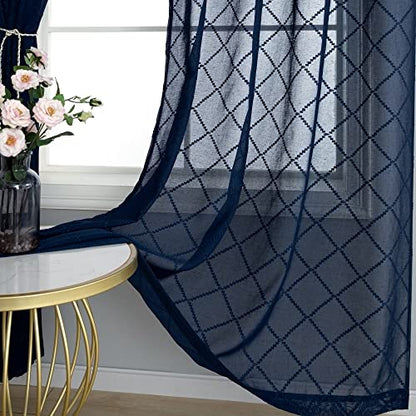 Navy Blue Sheer Curtains 52W x 84L Set of 2 Diamond Embroidered Drapes for Living Room & Bedroom - Winter Holiday Decor