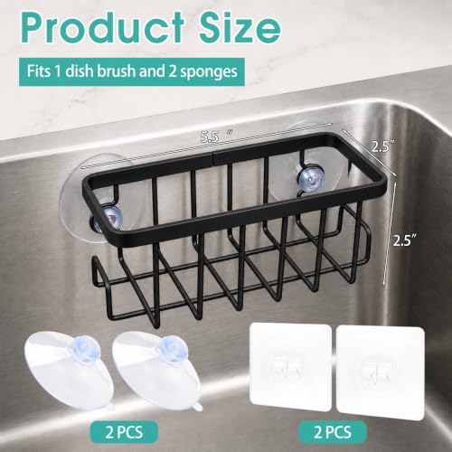 Sponge Holder for Kitchen Sink - Black Suction Cup Organizer, Rustproof