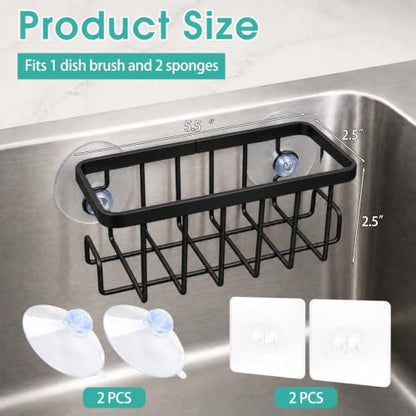 Sponge Holder for Kitchen Sink - Black Suction Cup Organizer, Rustproof