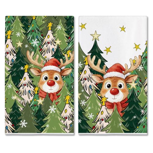 Green Christmas Kitchen Towels Deer Design 18x28 Inches - Holiday Dish Towels