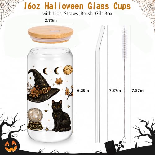 Halloween Glass Cup with Lid & Straw - 16oz Witch Design, Spooky Drinking Bottle