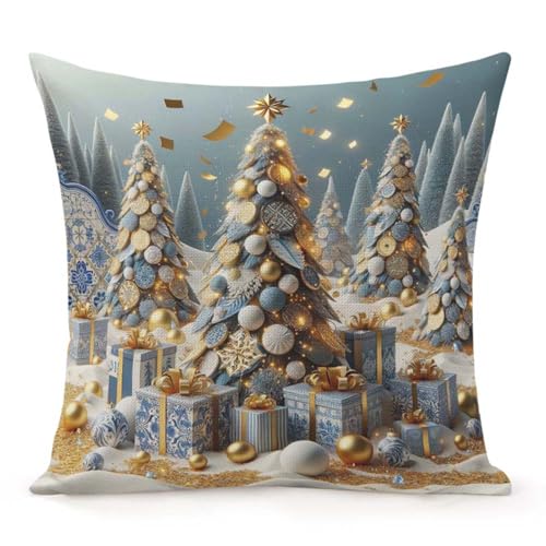 Merry Christmas Tree Throw Pillow Cover 16x16 Inch - Festive Snow Drift Gold Confetti Cushion for Sofa
