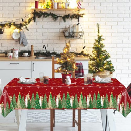 Christmas Tablecloths 2 Pack - Red Holiday Plastic Rectangular Cover 54x108 Inch