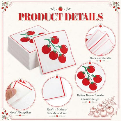 50 Pack Italian Tomato Theme Disposable Napkins - 2 Ply Party Paper