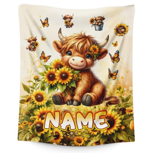 Yellow Highland Cow Personalized Kids Blanket - Custom Girl Throw for Sofa