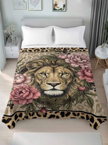 Queen Size Flat Sheet with Lion Print Microfiber Bed Sheets - Rose, Camel, Emerald, Peony / Queen