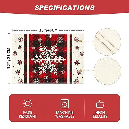 Buffalo Plaid Snowflake Christmas Placemats Set of 4 - 12x18 Inch Red Rectangular Holiday Table Decor