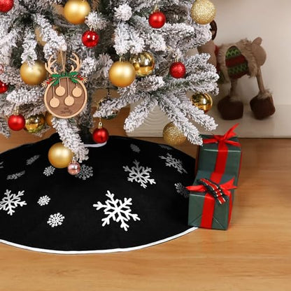 Black Burlap Christmas Tree Skirt with White Snowflakes - 23 Inch