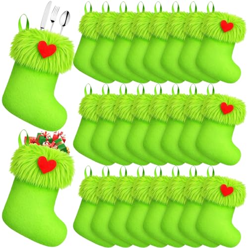 24 Pcs Mini Christmas Stockings - Green Faux Fur Holiday Decor, 6 Inch