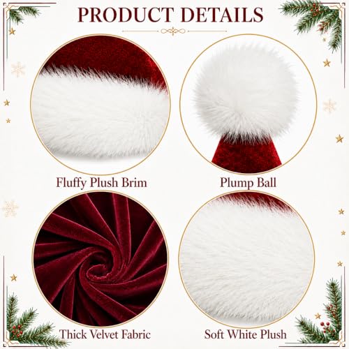 Unisex Velvet Christmas Santa Hat - Extra Thick Red Holiday Hat