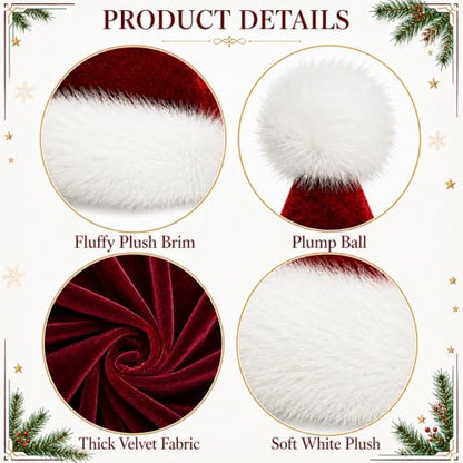 Unisex Velvet Christmas Santa Hat - Extra Thick Red Holiday Hat