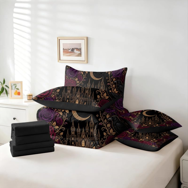 Gothic Comforter Set Queen 7 Piece Halloween Skull Bedding with Red Roses - Skull 03 Variation