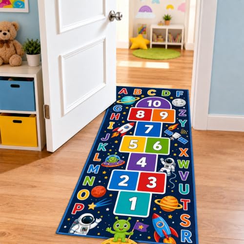Space Hopscotch Mat for Kids, ABC Play Rug for Boys Room 2x5ft - Color 3