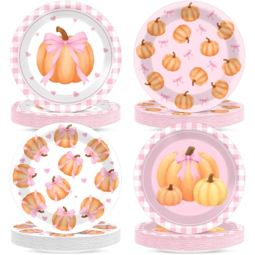 Pink Bow Pumpkin Paper Plates Set for Fall Thanksgiving Party - 48 Pieces