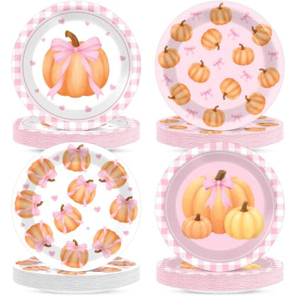 Pink Bow Pumpkin Paper Plates Set for Fall Thanksgiving Party - 48 Pieces