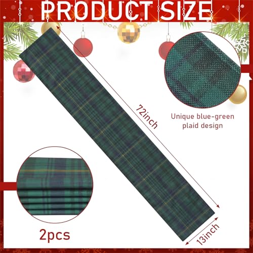 2 Pack Christmas Table Runner - Green and Blue Tartan Linen, 70.87 x 12.99 Inches