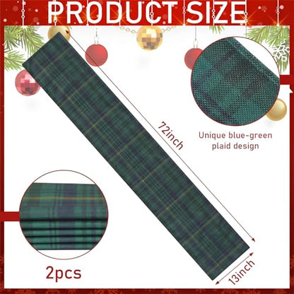 2 Pack Christmas Table Runner - Green and Blue Tartan Linen, 70.87 x 12.99 Inches