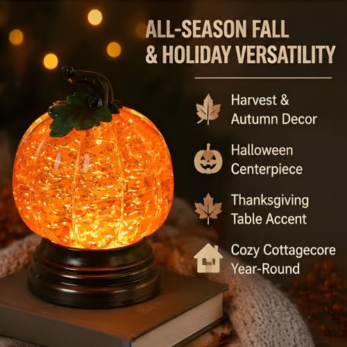 Glitter Lighted Pumpkin Snow Globe - 2PCS Halloween Fall Decor with Warm Orange LED