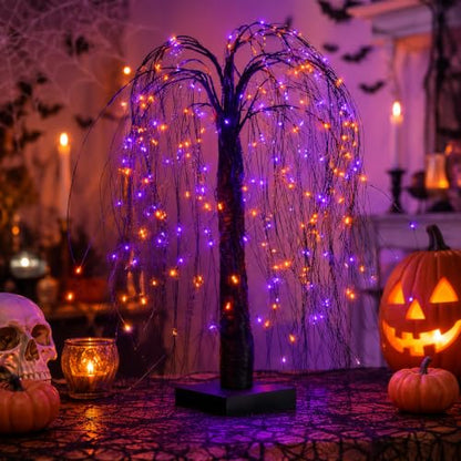 Halloween Black Lighted Willow Tree 24 Inch Tabletop Decor with 192 LED Lights - Purple Orange Lights, 8 Lighting Modes