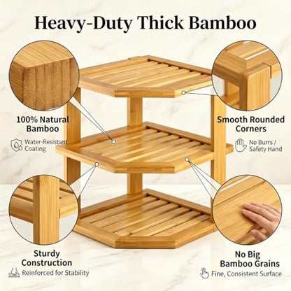 3-Tier Bamboo Corner Shelf for Kitchen Countertop and Cabinet Storage
