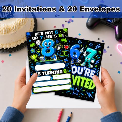 8th Boys Birthday Invitations Blue Party Invitations Gamer Teal Set