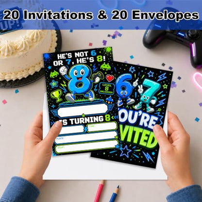 8th Boys Birthday Invitations Blue Party Invitations Gamer Teal Set
