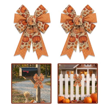 Fall Wreath Bow Set - Style C Pumpkin & Plaid Autumn Decor, 2 Pack