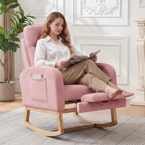 Pink Nursery Rocking Chair Glider with Footrest & Side Pockets – High Backrest, Solid Wood Legs