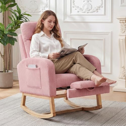Pink Nursery Rocking Chair Glider with Footrest & Side Pockets – High Backrest, Solid Wood Legs