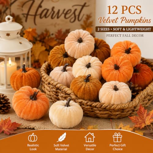 Mini Velvet Artificial Pumpkins Set for Fall Decor - 12 Pcs, 2 Sizes, Harvest Halloween Thanksgiving