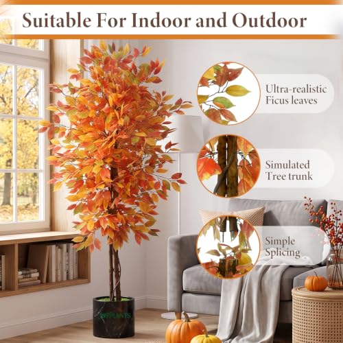 6FT Artificial Ficus Tree with Autumn Fall Foliage - Realistic Seasonal Decor Orange