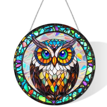 Wise Owl Pattern Sun Catcher - 7.87 Inch Acrylic Window Decor with Chain - Indoor & Garden Wall Art
