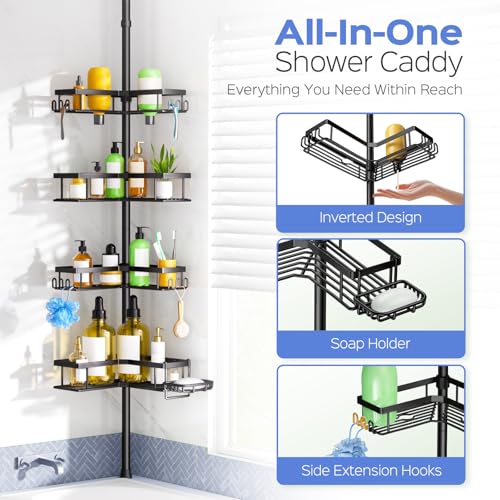 HAMITOR Shower Caddy Tension Pole 4-Tier Corner Storage Bathroom Organizer - Black