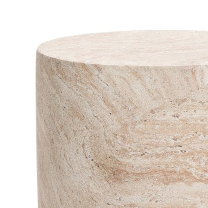Ivory 18-Inch Round Side Table - Travertine-Style Cement Drum Accent