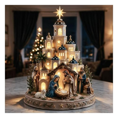 Nativity Scene Light Tower Set with Holy Family & Star Top - Christmas Tabletop Decor
