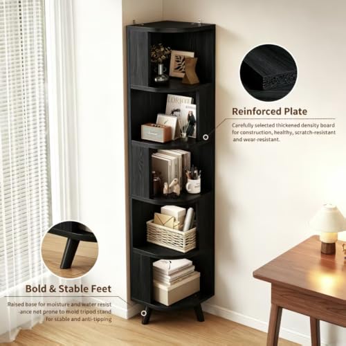 5-Tier Corner Bookshelf Black with Baffle - Space-Saving Wall Shelf