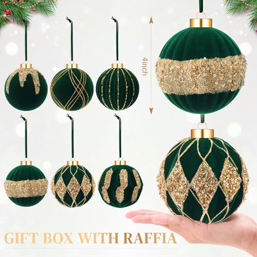 Dark Green Velvet Christmas Ball Ornaments 4 Inch Set of 6 - Holiday Decor