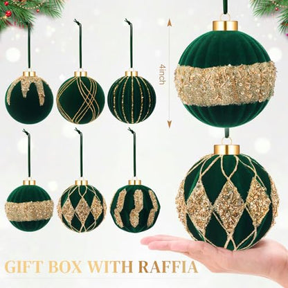 Dark Green Velvet Christmas Ball Ornaments 4 Inch Set of 6 - Holiday Decor