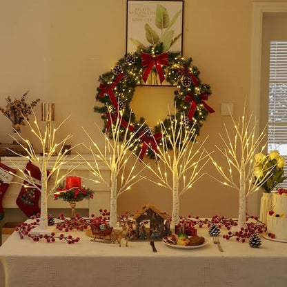 Lighted Birch Trees Set of 4 with Timer - 2FT Indoor Decorative LED Trees with USB or Battery Power, White Light for Holiday & Event Decor - Variation of 4 Pack 24LT White Birch