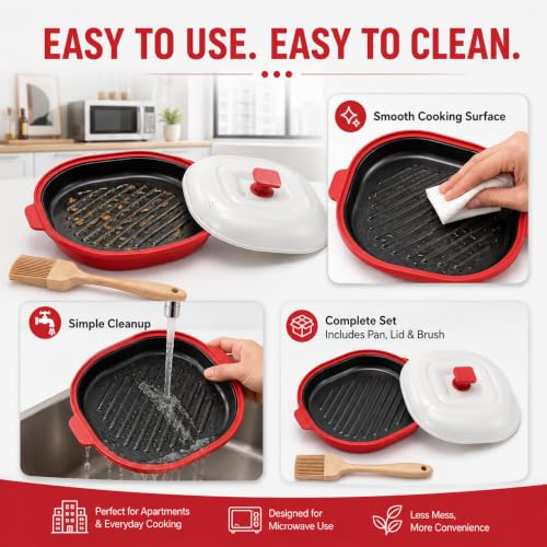 Microwave Grill Pan with Lid, Nonstick Red Grill Plate for Indoor Cooking