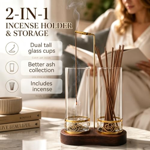 Incense Holder for Stick with Glass Ash Catcher and Anti-Tip Base - Includes 20 Incense Sticks