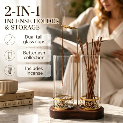 Incense Holder for Stick with Glass Ash Catcher and Anti-Tip Base - Includes 20 Incense Sticks