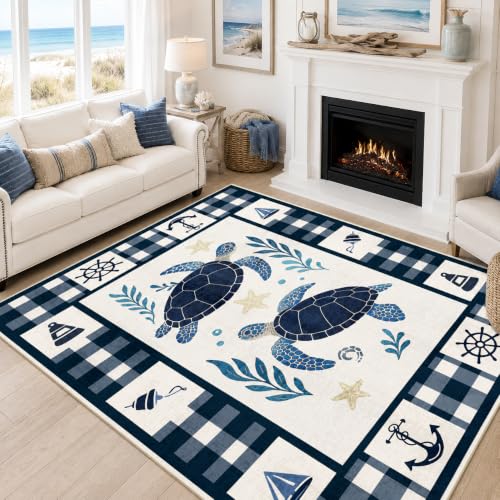 5x7 Nautical Sea Turtle Area Rug - Coastal Machine Washable Floor Decor