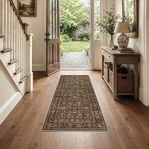 Warm Brown 2x5 Non-Slip Vintage Kitchen Rug Runner - Washable Floor Mat