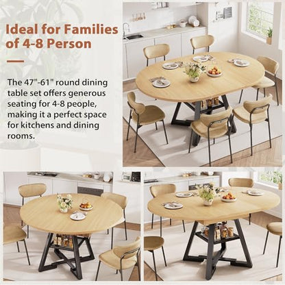 Extendable Round to Oval Dining Table for 4-8 with Open Storage Shelf, Space-Saving Modern Design, Black