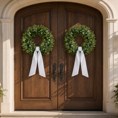 White Wreath Sash Set of 2 - Scalloped Ruffle Front Door Decor - White
