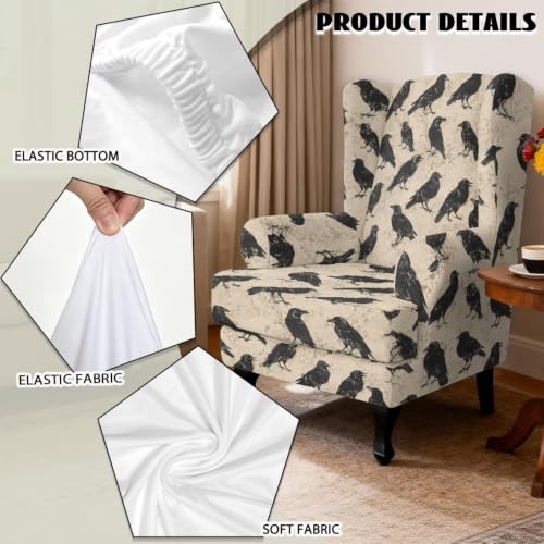 Raven Crow Wingback Chair Cover 2-Piece Stretchable Slipcover for Armchair - Fipuivrn