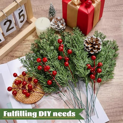 26PCS Artificial Christmas Pine Branches with Red Berry Stems - Holiday Decor